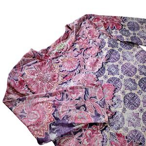 One World  Tie Floral Print‎ 3/4 Sleeve Casual Tunic Top Purple Pink Womens L